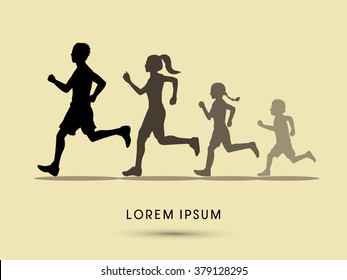 Family running silhouettes, graphic vector