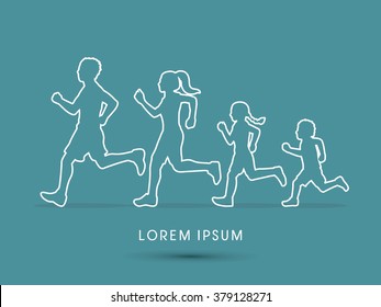 Family running silhouettes, outline graphic vector