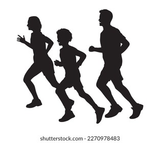 Family running together silhouette. Mother, father and son jogging outdoor on white background.