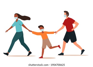 The family runs in masks on a white isolated background. Flat vector cartoon illustration 