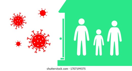 The family is safe at home. Outside COVID-19. vector infographic coronavirus. Pathogen respiratory influenza covid virus cells.
