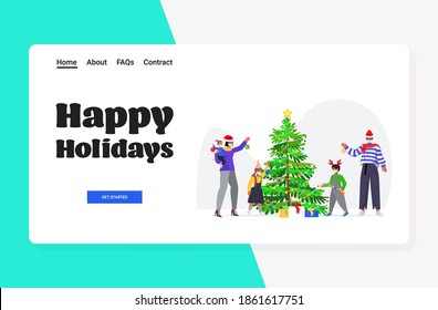 family in santa hats decorating christmas tree parents with children wearing masks to prevent coronavirus pandemic new year holidays celebration concept horizontal full length vector illustration