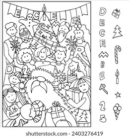 Family with Santa near the Christmas tree. Find and color hidden objects in the picture. Coloring page. Puzzle Hidden Items. Sketch vector illustration