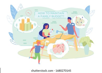 Family saving money, financial accounting calculating budget. Mother Holding Bills, Father Brainstorming, Son Carrying Dollar Banknote Want to Put it into Piggy-Bank. Vector Illustration