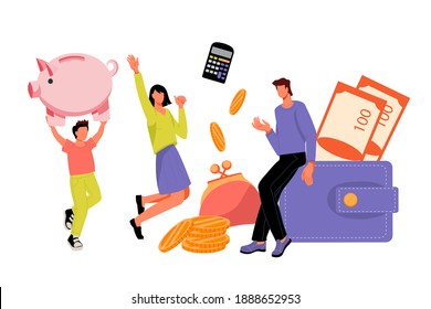 Family Saving Money And Putting Coins In Piggy Bank. Home Budget And Family Finance Planning, Income And Expenses Calculation. Target Money Savings, Flat Vector Illustration Isolated On White.