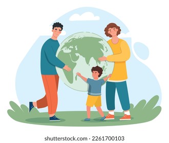 Family saving planet. Man and woman with child on background of globe. Father, mother and their son care about environment. Responsible and eco friendly society. Cartoon flat vector illustration