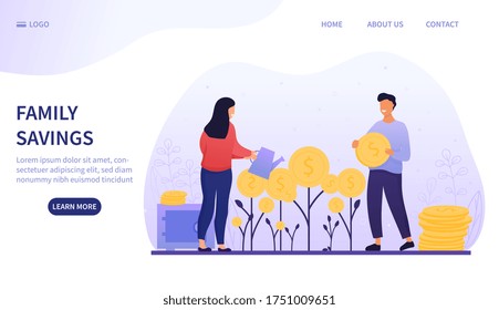 Family Savings And Investment Concept With A Young Couple Planting And Watering Money Plants With Gold Coins, Colored Vector Illustration