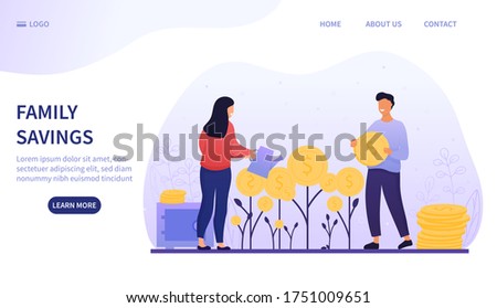 Family Savings and investment concept with a young couple planting and watering money plants with gold coins, colored vector illustration