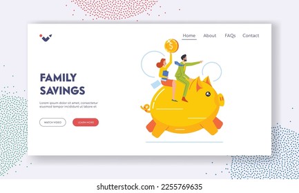 Family Savings Management Landing Page Template. Male and Female Characters Riding Piggy Bank Pointing Finger to Forward Direction. Financial Success Concept. Cartoon People Vector Illustration