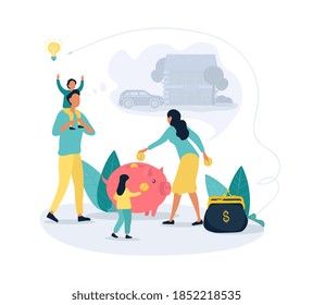 Family savings and personal finance strategy concept vector illustration with a wife putting coins in piggy bank and a wallet, while the husband play with kids and dreaming about property purchasing