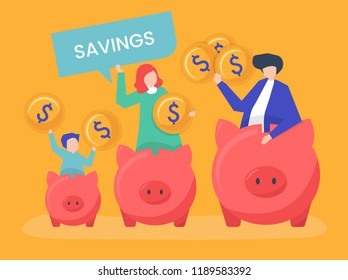 Family with savings and piggy bank icons illustration