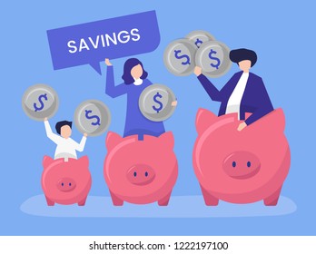 Family with savings and piggy bank icons illustration