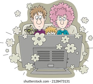 Family with scared faces watching TV news about war, vector cartoon illustration on a white background