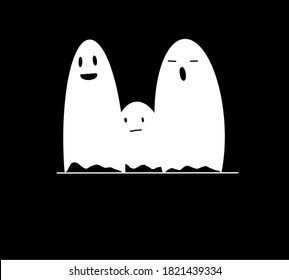 Family scary white ghosts.Halloween spooky concept, scary spirit or poltergeist flying in night. Mystic creature without body on black background for fabric, textile, wrapping, scrapbooking.