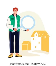 Family scene concept. Man with magnifying glass searching home. Investing and trading. Graphic element for website. Cartoon flat vector illustration isolated on white background