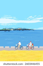 Family scenery enjoying a vacation by riding a bicycle on the road in a canola flower garden with a view of the sea