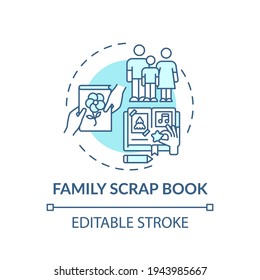 Family Scrap Book Concept Icon. Family Bonding Tips. Creating History Of Your Family Photo Album. Activity Idea Thin Line Illustration. Vector Isolated Outline RGB Color Drawing. Editable Stroke