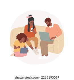 Ilustración vectorial de dibujos animados aislados en pantalla familiar. Familiares mirando pantallas de smartphones, falta de comunicación social, estilo de vida poco saludable, caricatura vectorial de adicción digital.