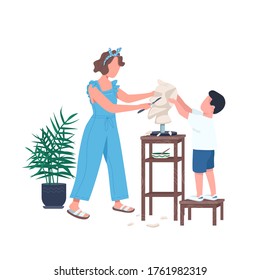 Family sculpting flat color vector faceless character. Mother help son carving marble. Leisure for parent and kid. Creative hobby isolated cartoon illustration for web graphic design and animation