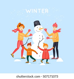 Family sculpts snowman. Merry Christmas and Happy New Year. Xmas Poster, banner, printed matter, greeting card. Flat design vector illustration.