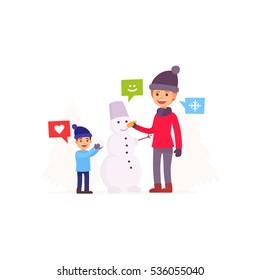 Family sculpts snowman. Family playing with a snowman. Merry Christmas and New Year. Vector illustration in cartoon style