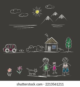 Family, Sea, Sailboat, Sun, clouds, seagulls, Mountain landscape,Tree, cat, car, House, flowers, summer day. doodles are drawn by a child's hand with chalk on asphalt or on a school board.
