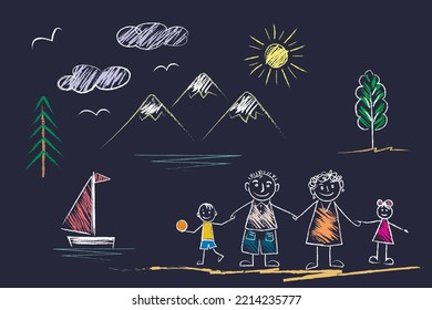 Family, Sea, Sailboat, Sun, Clouds, Seagulls, Mountain Landscape,Tree - Doodle Drawings Are Drawn By Child's Hand In Chalk On The Asphalt Or On The School Blackboard. White Lines And Coloring 