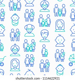 Family seamless pattern with thin line icons: mother, father, newborn, son, daughter, lesbian, gay, single mother and child, grandmother, grandfather. Vector illustration.