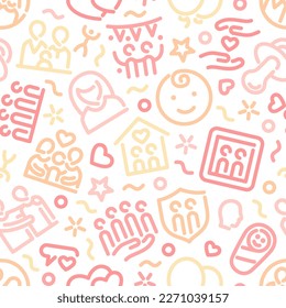 Family Seamless Peach Color Pattern with Icons. Usable for family design. Isolated on white background. Vector seamless editable pattern in Swatches panel.