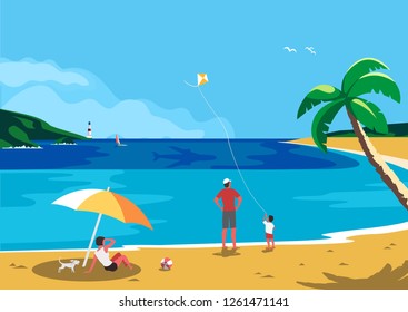 Family seaside leisure relax. Ocean scene view landscape. Hand drawn pop art retro style. Holiday vacation season sea travel leisure. Sea beach recreation. Vector tourist trip advertisement background