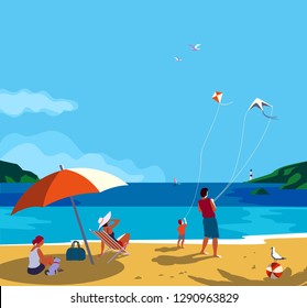 Family seaside leisure relax. Ocean scene view landscape. Hand drawn pop art retro style. Holiday vacation season sea travel leisure. Sea beach recreation. Vector tourist trip advertisement background