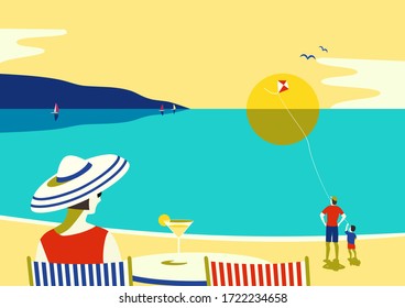 Family Seaside Leisure Relax. Ocean Scene View Landscape. Hand Drawn Pop Art Retro Style. Holiday Vacation Season Sea Travel Leisure. Sea Beach Recreation. Vector Tourist Trip Advertisement Background