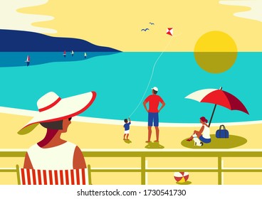 Family seaside leisure relax. Ocean scene view landscape. Hand drawn  art retro style.  Sea beach recreation. Vector tourist trip advertisement background