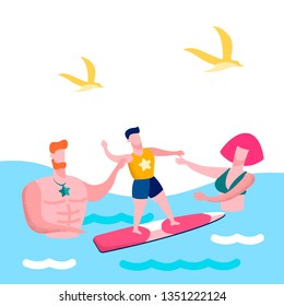 Family Seaside Vacation Flat Vector Illustration. Happy Parents Teaching Son Surfing Cartoon Characters. Father and Mother Support. Extreme Sports Training. Summer Watersports for Little Children