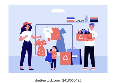 Family in second hand shop vector illustration. Mother and daughter choosing dress. Shop assistant carrying recycled carton box with bags. Demand for used goods, shopping concept