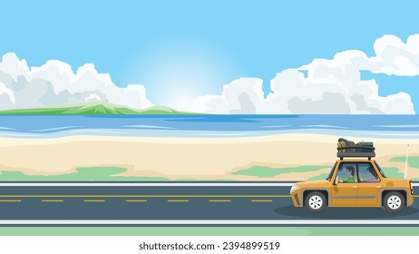 Family sedan with rack and full luggage. Families couples drive on smooth asphalt roads beside beaches and the vast sea. In the background there are pigs perched under clouds and a bright blue sky.