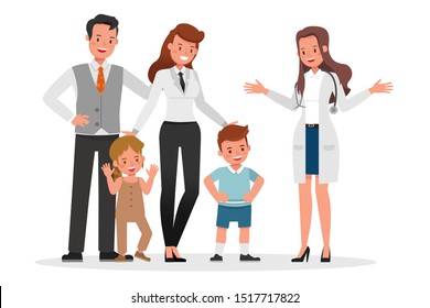 Family to see Doctor in hospital character vector design. Presentation in various action with emotions, smile and happy.