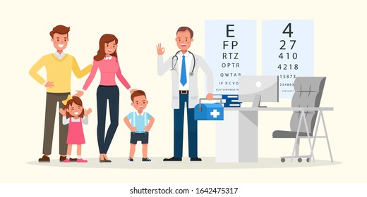 Family to see Doctor in hospital character vector design. Presentation in various action with emotions, smile and happy.