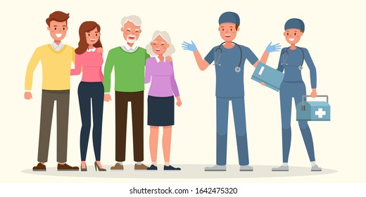 Family to see Doctor in hospital character vector design. Presentation in various action with emotions, smile and happy.