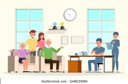 Family to see Doctor in hospital character vector design. Presentation in various action with emotions, smile and happy. 
