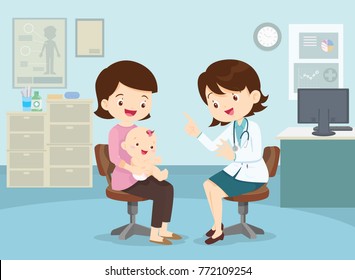 Family to see Doctor sitting at the table in hospital, infirmary, clinic.healthcare concept.Character professional physician on workplace illustration.Mother and her baby with doctor.