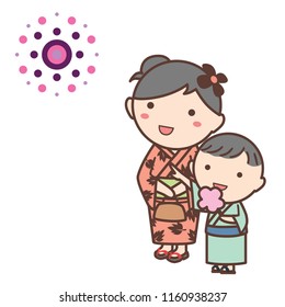 Family see fireworks together. They wear Japanese yukata. Yukata is Japanese summer traditional kimono.