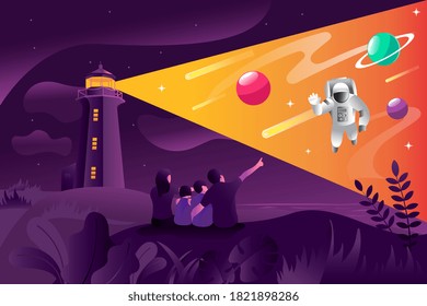 Family see a lighthouse that shines into space where there are planets and astonaut. Illustration vector