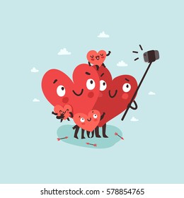 Family selfie. Hearts characters as symbols of love and family making selfie with smartphone and selfie stick. Vector colorful illustration 