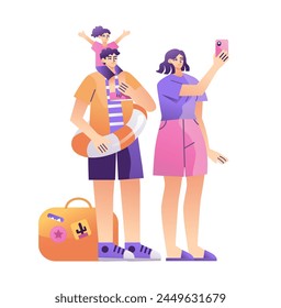 Family selfie on a trip or vacation, vector illustration