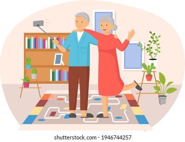 Family with selfie stick, monopod posing for photo at home. Elderly couple takes selfie at home