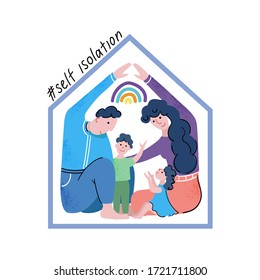 A family in self-isolation during a pandemic. A mother, father and two children fit into the silhouette of the house. Vector illustration in flat style.