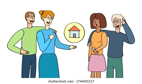 Family selling or renting house to another family.Offer to buy a house. Newlyweds are buying property. Character in cartoon style isolated on white background.Vector illustration. Group people talking