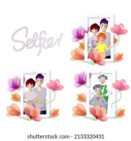 A family and a senior couple in a frame surrounded by flowers. "Selfie!” with tube-like style letters