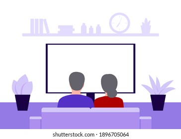 Family senior couple man and woman sitting on sofa at home and watching TV, back view. Elderly people sit together. Rest, spending time, watching movie on isolation and quarantine. Vector illustration